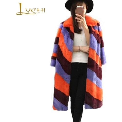 LVCHI Winter2017 Import Real Mink Fur Coats Natural Contrast Color Rainbow Mink Fur Coat Womens Slim Turn-Down Collar Fur Coats