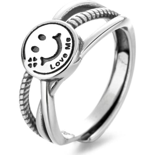 SA SILVERAGE Mens Ring New S925 Sterling Silver Ring Womens Retro Twist Lines Smiling Face Fashion Open Women Ring Hand Ornament