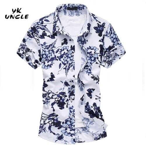 Shirt 2016 Summer Short Sleeve Shirt Men Silk Cotton Floral Print Mens Shirts Plus Size Camisas Hombres M - 6XL/7XL,YK UNCLE