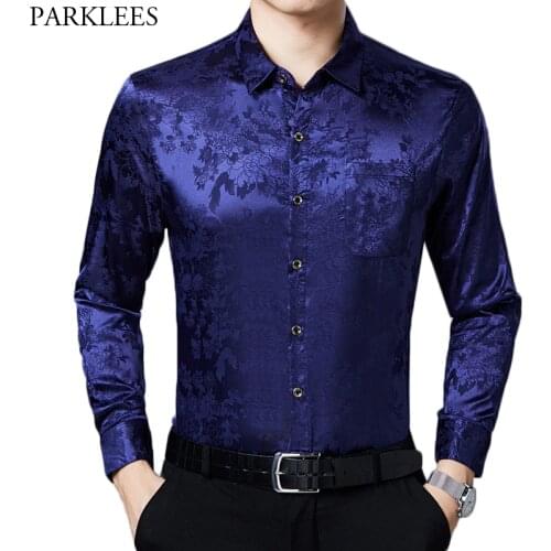 Blue Smooth Silk Shirt Men 2020 Stylish Chinese Dragon Print Mens Slim Fit Dress Shirts Satin Casual Soft Male Tuxedo Shirt 4XL