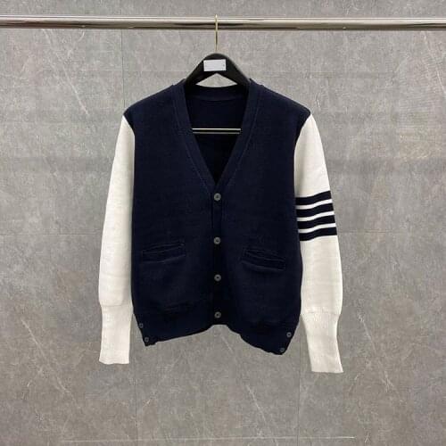 2021TB THOM Brand Autumn Men Jacket TB Striped Coat Wool High Quality Cardigan V-Neck Soft Korean Design Sweater