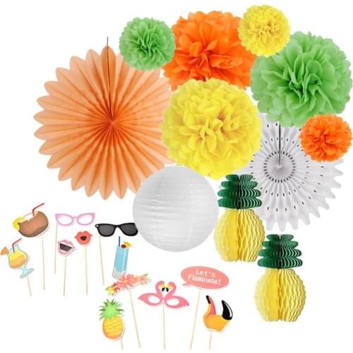 Pack of 12 Summer Party Decoration Kit Paper Fans Pom Poms Lanterns Pineapples Tropical Birthday Luau Bridal Shower Wedding