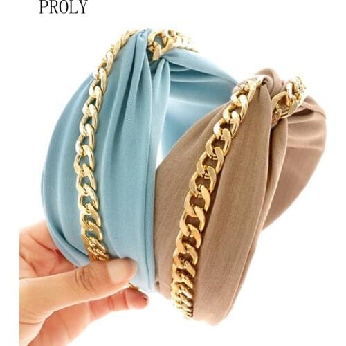 PROLY New Fashion Women Headband Wide Side Hairband For Adult Casual Alloy Chain Headwear Solid Color Hair Accessories Wholesale