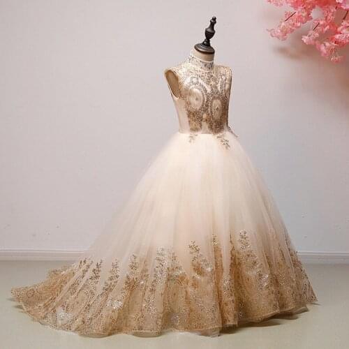 Formal High Neck Kids Princess Gown Golden Lace Sleeveless Princess Gown Flower Girl Dresses Lace Wedding Party Birthday
