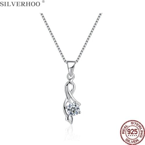 SILVERHOO Real 925 Sterling Silver Jewelry Romantic Rose Flower Shape Pendant Necklaces For Women Round Cubic Zirconia Necklace