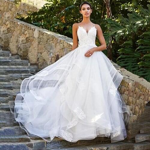 White Ivory A-Line Tiered Wedding Dresses Organza Lace Appliques Wedding Gowns Spaghetti Straps Sexy Backless vestido de noiva