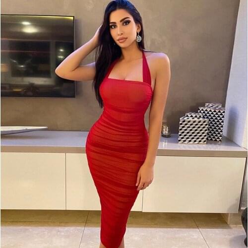 Setiadia Summer Women Dress Party sexy midi Sundress Backless Mesh pleated halterneck halterevening Dresses For Womans Clothing