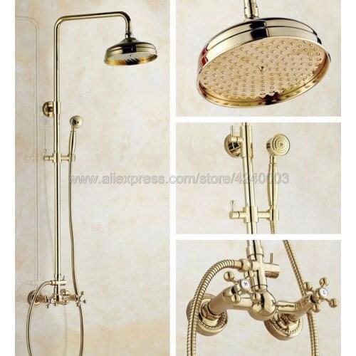 Golden Brass Bathroom Shower Faucet Set Double Handle 8" Rainfall Shower System with Handshower Kgf321