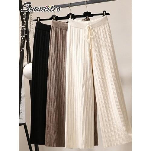 SURMIITRO 2021 Fashion Autumn Winter Knit Long Wide Leg Pleated Pants Women Korean Style High Waist Floor Length Trousers Female