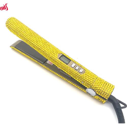 Crystal Hair Flat Iron Titanium Plate Diamond Hair Straightener Crystal Hair Styling Tools with Yellow Crystals