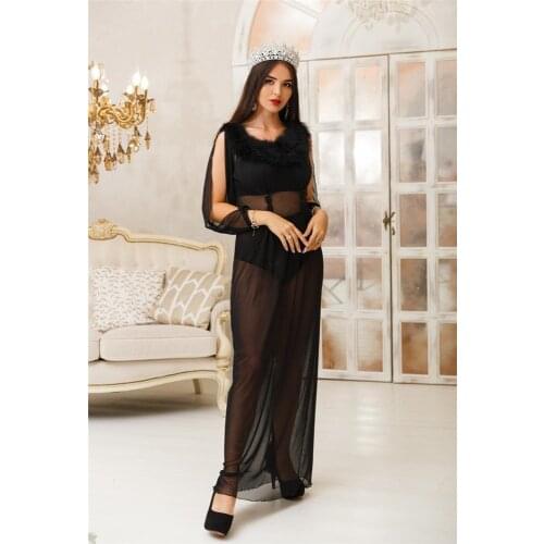 Ladies Black Lace Bathrobe Fur Collar Bathrobe Long Sleeves V-Neck Solid Nightwear Sexy Beautiful Party Evening Sleepwear