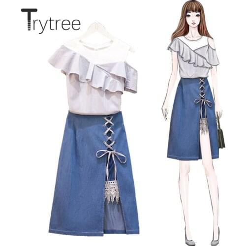 Trytree Summer Women Two Piece Set Casual O-neck Ruffles Patchwork Stripe Top + Cowboy Skirt Split hem Drawstring 2 Piece Set