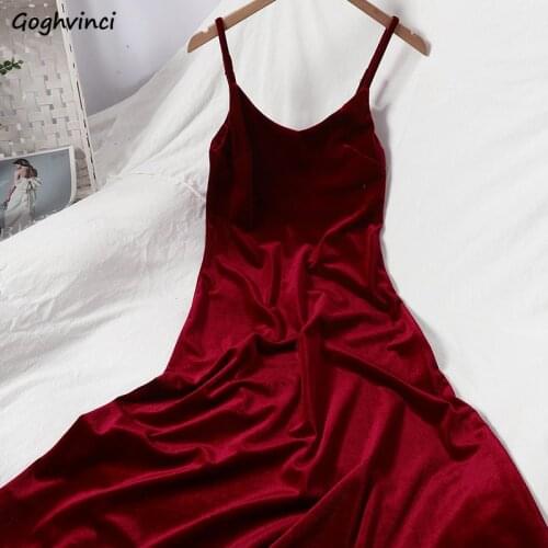 Women Sleeveless Dress Pleuche V-neck A-line Mid-calf Length Retro Spaghetti Strap Winter Underwear Sexy All-match Solid Elegant