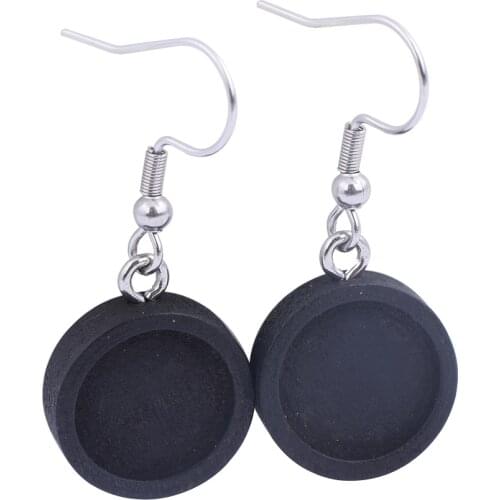 20pcs Black Wood Earring Blanks 12mm Wooden Cabochon Base Setting Trays Diy Stainless Steel Ear Wire Hooks