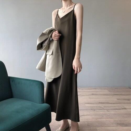 2021 Summer Solid Satin Slip Dress Women Elegant Backless A-line Party Ladies Dress Lace V-Neck Midi Dresses Sexy Vestidos 13586