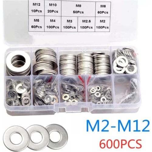 600pcs Flat Washer Set Stainless Steel M2 M2.5 M3 M4 M5 M6 M8 M10 M12 Ring Gaskets Kit Plain Washers Assortment Kit DIN125