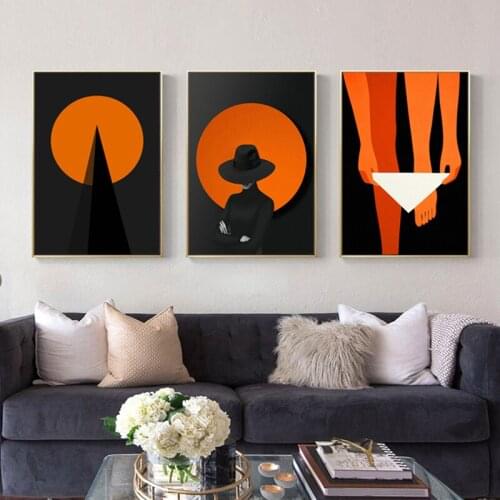 Abstract Black and orange geometry White pigeon and girl modern decorative Picture Canvas Wall Art Poster for office room decor