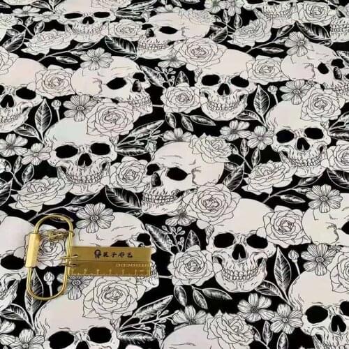 Skull Flowers Black 100% Cotton Fabric for Girl Clothes Hometextile Cushion Cover Curtain DIY 105cm Width-BL150