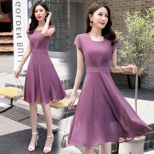 Chiffton Summer Pleating Short Sleeve Knee-length A-line Waist Thin Simple Solid Color Purple Black Blue Plus Size Women Dress