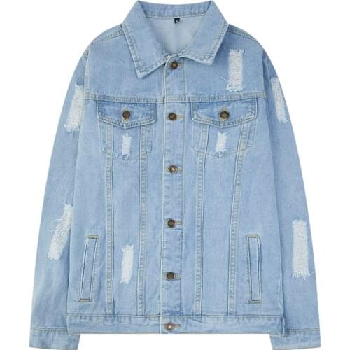 Denim Jacket Mens High Street Spring And Autumn 2021 New Frayed Hole Loose Casual Cotton Outerwear Solid Color Coat