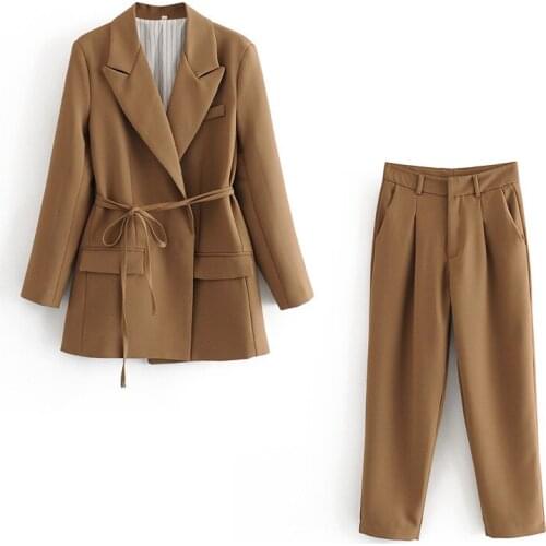 Elegant Women 2 Piece Set High Quality Brown Suit Set Fashion Vintage Ladies Cotton Jackets Casual Female Soft Suits Girls Chic