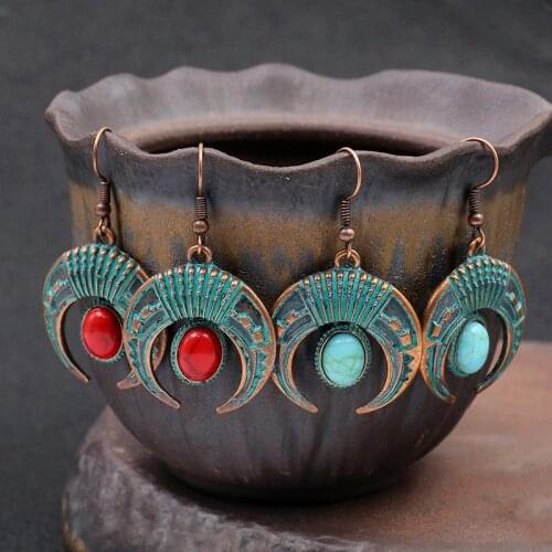 Ethnic Shield Carved Metal Turquoises Stone Drop Earrings For Women Vintage Tribe Ladies Earrings Tibetan Jewelry