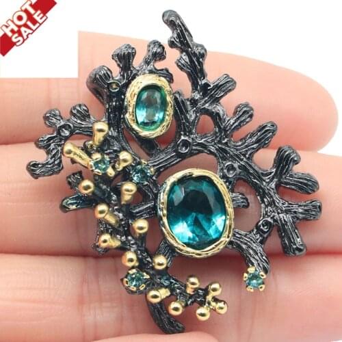 38x31mm Gothic Unique Flowers 20g Created Rhodolite Garnet Blue Aquamarine Cool Black Gold Silver Pendant For Woman Gothic