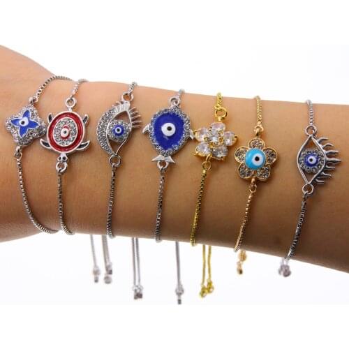 Exquisite Trendy Turkish Gold Evil Eye Bracelet Pave CZ Blue Eye Gold Chain Bracelet Adjustable Female Party Jewelry