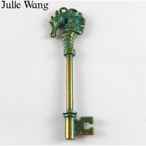 Julie Wang 10pcs Antique Green Bronze Charms Vintage Sea Horse Key Shaoe Pendants Bracelet Necklace Jewelry Making Accessories