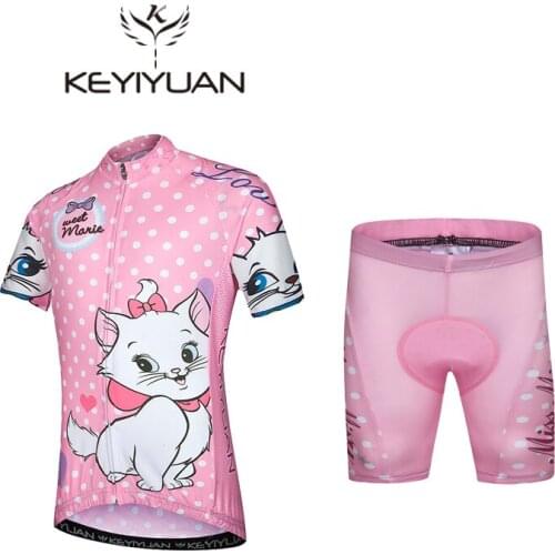 KEYIYUAN Pink Child cycling Jersey sets Kids Cycling Clothing Riding Bicycle Jersey Mary cat cute Style Ciclismo Boy and girl