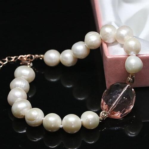 White natural freshwater pearl round beads oval crystal unique diy women charms bracelet jewelry B1407