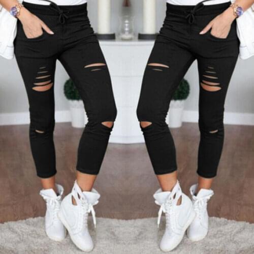 Leggings Trousers Black White Stretch Trousers Plus Size Streetwear Skinny Holes Jeans Women Denim Knee Pencil Pants