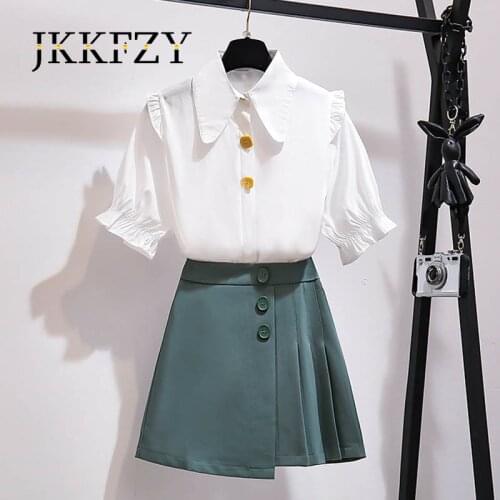 2021 Summer New Internet Celebrities Fashion Skirt Two-piece Suit White Short Sleeve Blouse+blue Irregular Pleated Skirt Set
