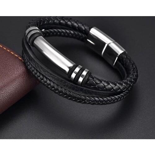 Multilayer Leather Mens Bracelet with Magnetic Clasp Fashion Black Braided Bracelets For Men Charm Jewelry Gifts