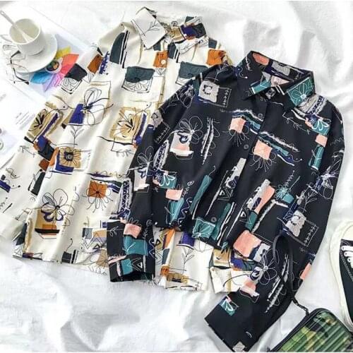 Fashion Women Shirt Vintage Print Long Sleeve All-match Harajuku Casual Loose Blouse Chic Korean Style Tops 2021 Spring New