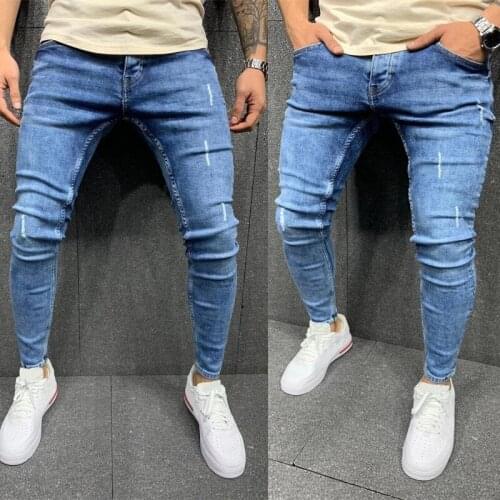 High Quality Light Blue Skinny Jeans Brand Men Spring Summer Slim Fit Cotton Stretch Denim Pants Cowboy Trousers Ripped Hip-hop