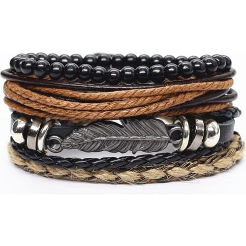 New Arrival 4pcs/set Feather Skull Cross Hook Charm Wood Beads Men Leather Bracelets For Women Homme Femme Male Jewelry