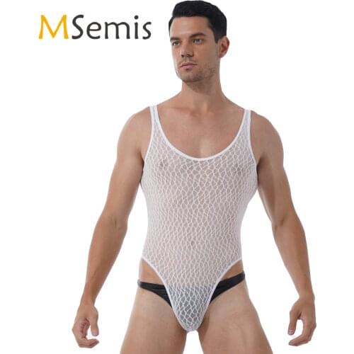 Mens Lingerie See-through Mesh Bodysuit Underwear Round Neck Sleeveless Wrestling Singlet Bodysuit Athletic Leotard Nightwear