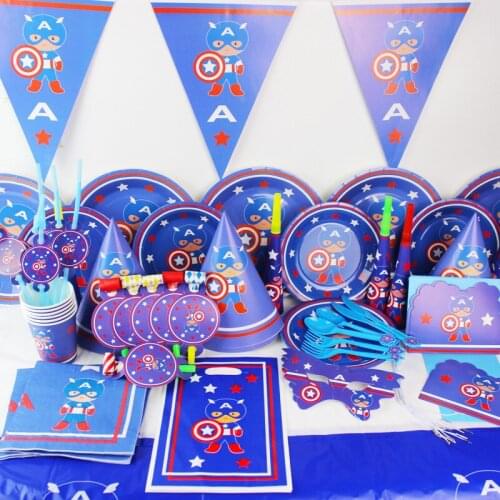 The Avengers Party Decorations Kid Boy Birthday Party Supplies Captain Tableware Plate Cup Napkins Horns Straw Candles Flag Set