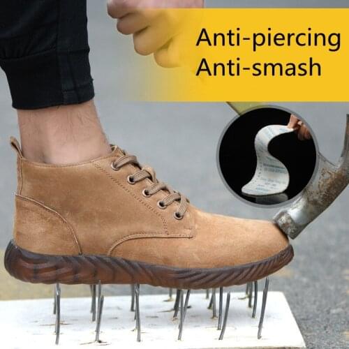Indestructible Mens High Top Breathable Suede Leather Steel Toe Safety Work Shoes Puncture Proof Anti Smash Martin Ankle Boots