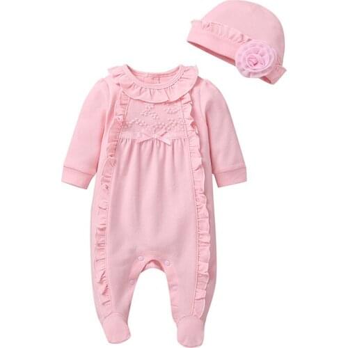 Newborn Autumn Winter Baby Girl Clothing Lace Jumpsuit Overall with Cap Rompers Infant Baby Clothes