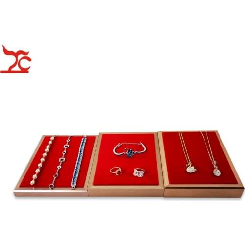Rectangle Gold Stainless Steel Jewelry Display Counter Showcase Red Velvet Pad Ring Earring Necklace Storage Organizer Tray