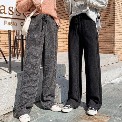 2020 Autumn Winter Women Casual Straight Pants Female Drawstring Loose High Waist Knitted Wide-leg Pants Casual Trousers