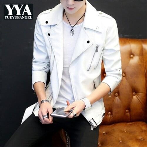Autumn Handsome Mens Slim Fit Pu Leather Jacket Casual Punk Style Biker Faux Leather Outwear Men Personality Zipper White Coat