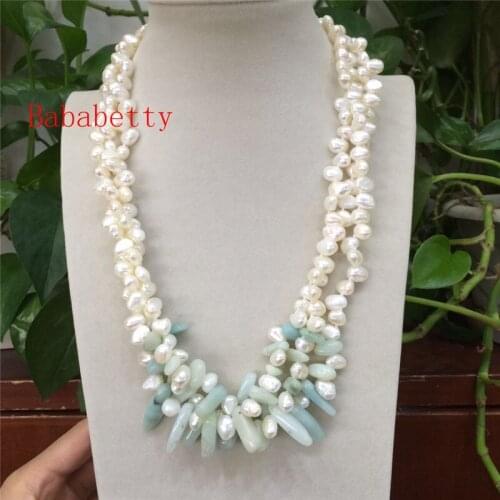 New freshwater pearl white 7-8 mm irregular shaped 3 row and natural stone necklace 20inches