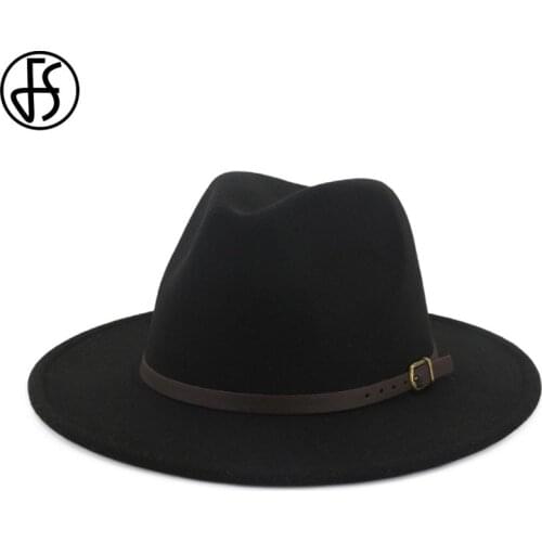 FS Black Fedora Men Women Wide Brim Wool Felt Jazz Hats British style Trilby Party Formal Panama Cap Rose Red Yellow Dress Hat