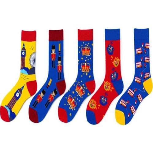 Soldiers, clocks, buses, crowns, cups, British style European and American art lovers in long-tube casual socks C68