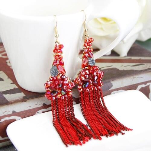 SUNSPICEMS Bohemia Hand-knitted Long Tassel Earrings for Women Red Green Crystal Drop Earring Wedding Jewelry Indian Bridal Gift