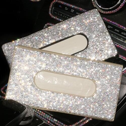 Car Interior Tissue Box Leather Bling Crystal Diamond Auto Interior Car Sun Visor Holder Napkin Case Auto Decoration
