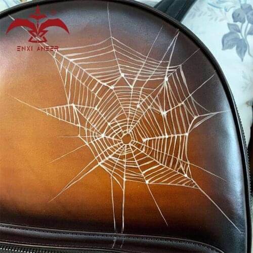 Fashion People Only! 100% Geuine Leather Bag Men Lady Backpack with Spider Painting Patina Brown Color